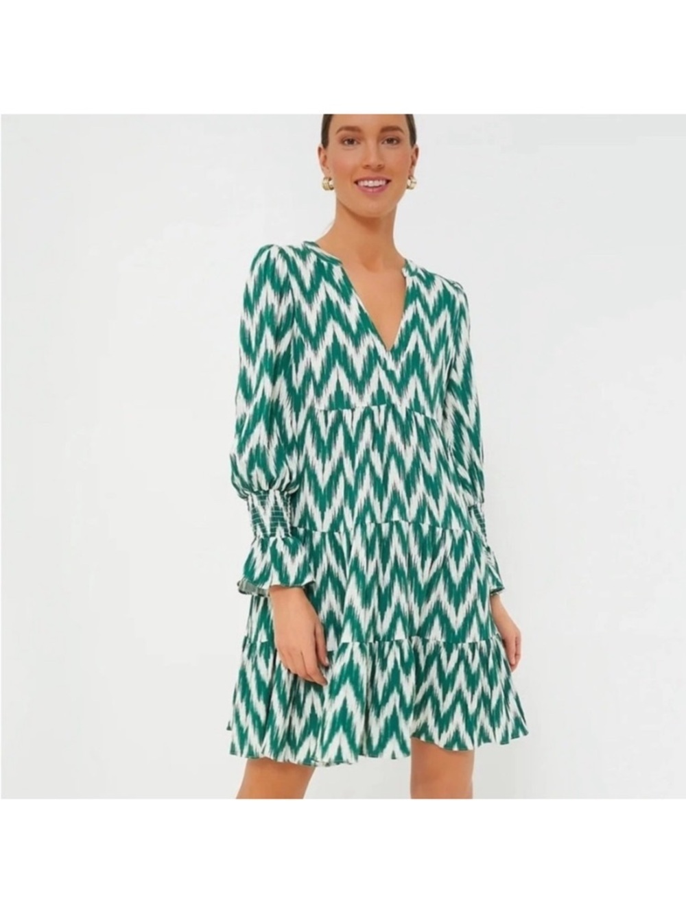 Pomander Place Tuckernuck Green White Ikat Zig Zag Print Tiered Dress Size M - Picture 3 of 14